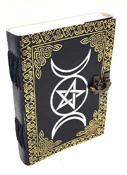 Triple Moon Gold/Black Embossed Leather Journal W/Latch - Click Image to Close